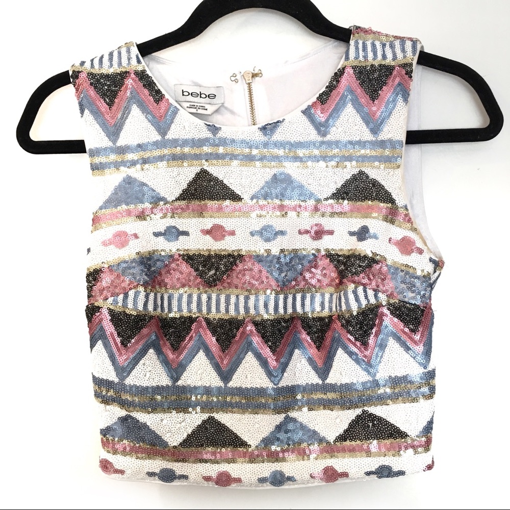 Bebe Zigzag Sequin Crop Top – Pastel Geometric – NWT – Size 2
